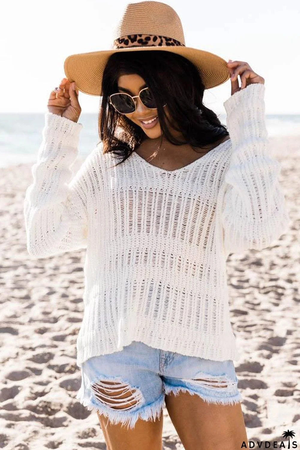 Loose Long Sleeve V Neck Open Knit Sweater