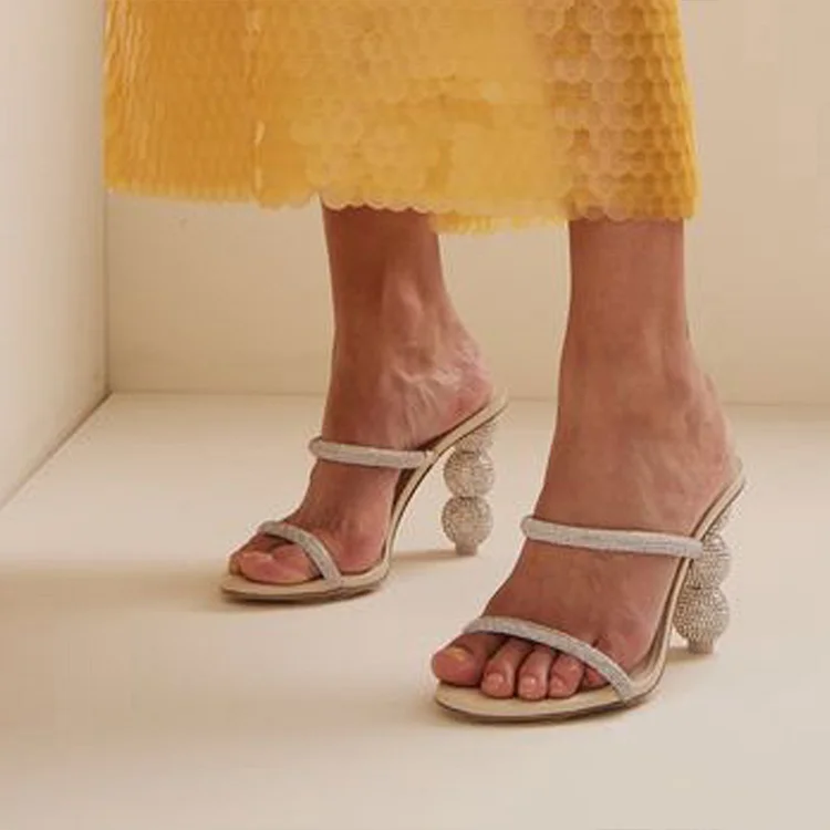 Beige Open Toe Sandals Elegant Rhinestones Block Heels Party Mules |FSJ Shoes