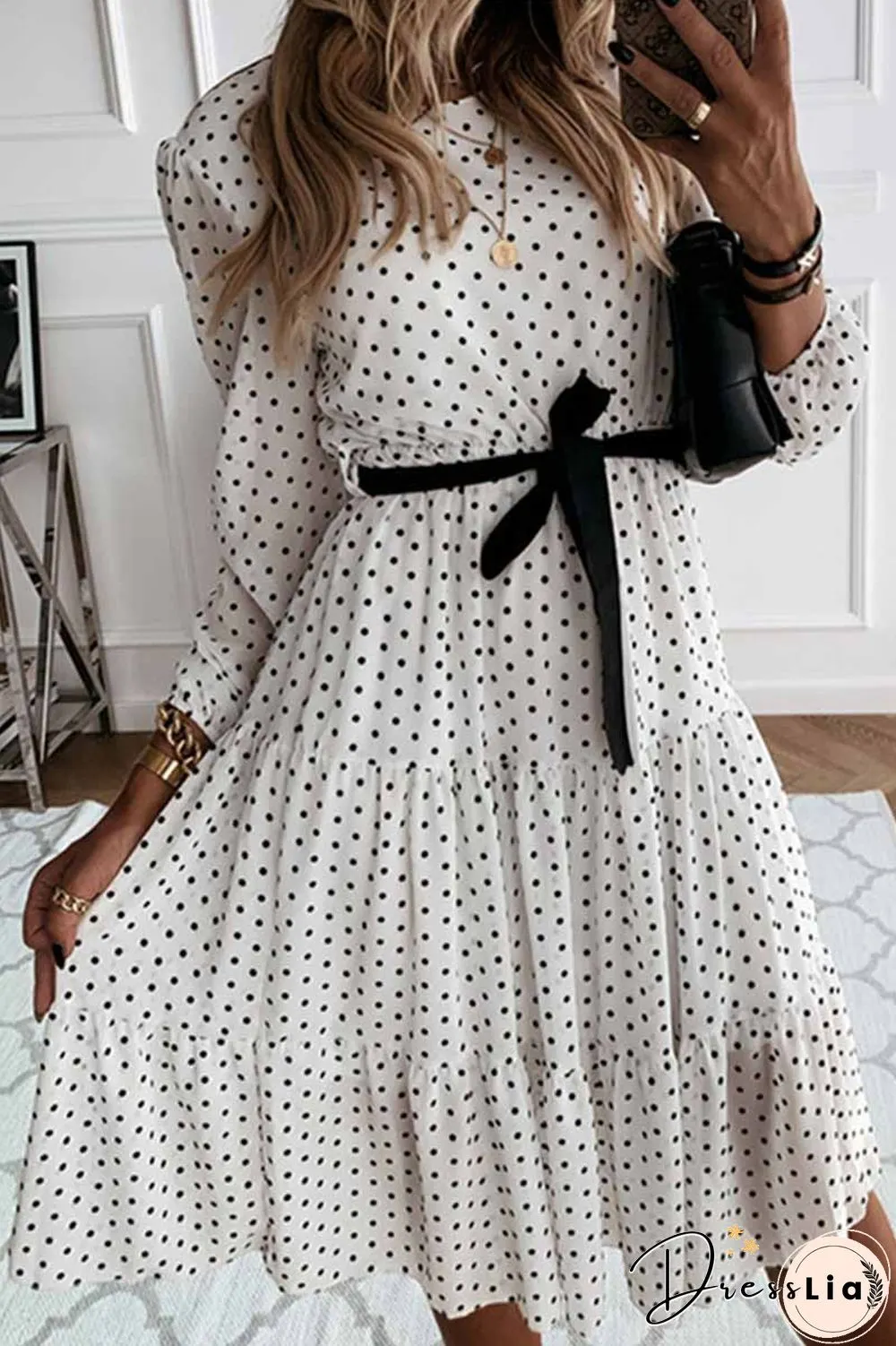 Elegant White Black Dot Print Round Neck Tie Midi Dress