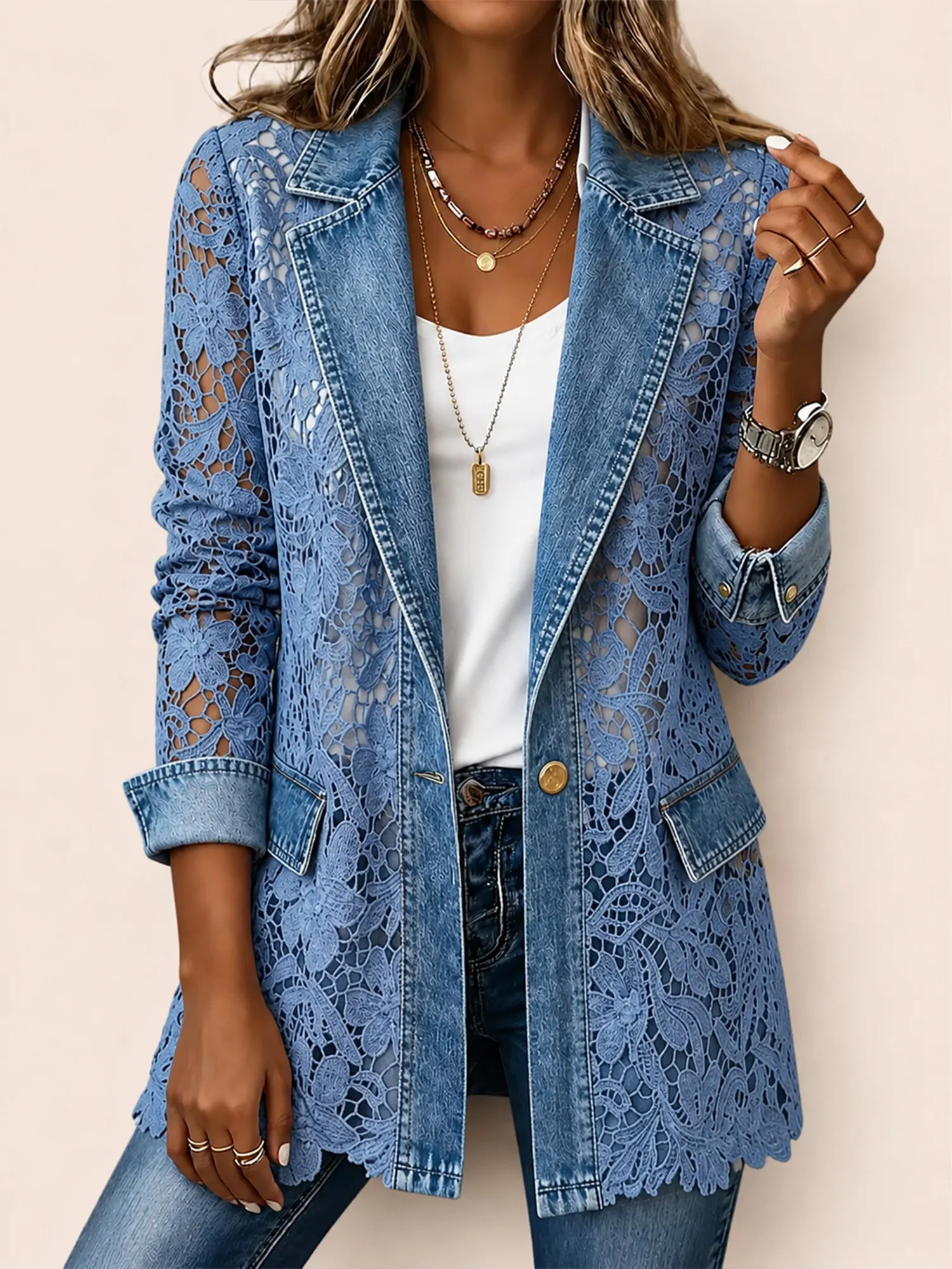 Great for a Casual Evening Date Night &mdash; Denim Blue Single Button Hollow Out Lace Premium Women's Outerwear