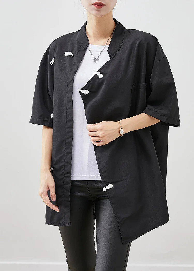 Vintage Black Oversized Chinese Style Cotton Shirt Short Sleeve