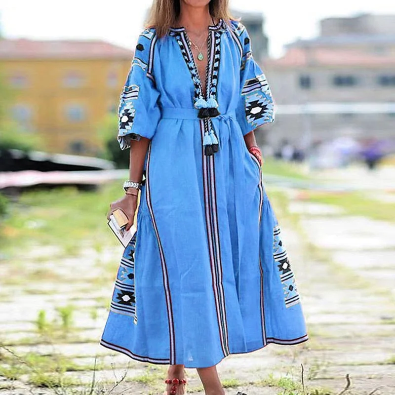 Women Vintage V Neck Tassel Party Long Dress Casual Floral Print Female Dresses Loose Three Quarter Puff Sleeve Dresses Vestidos