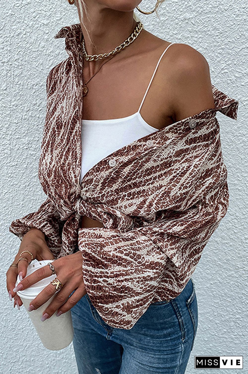 Casual Street Print Buckle Turndown Collar Tops