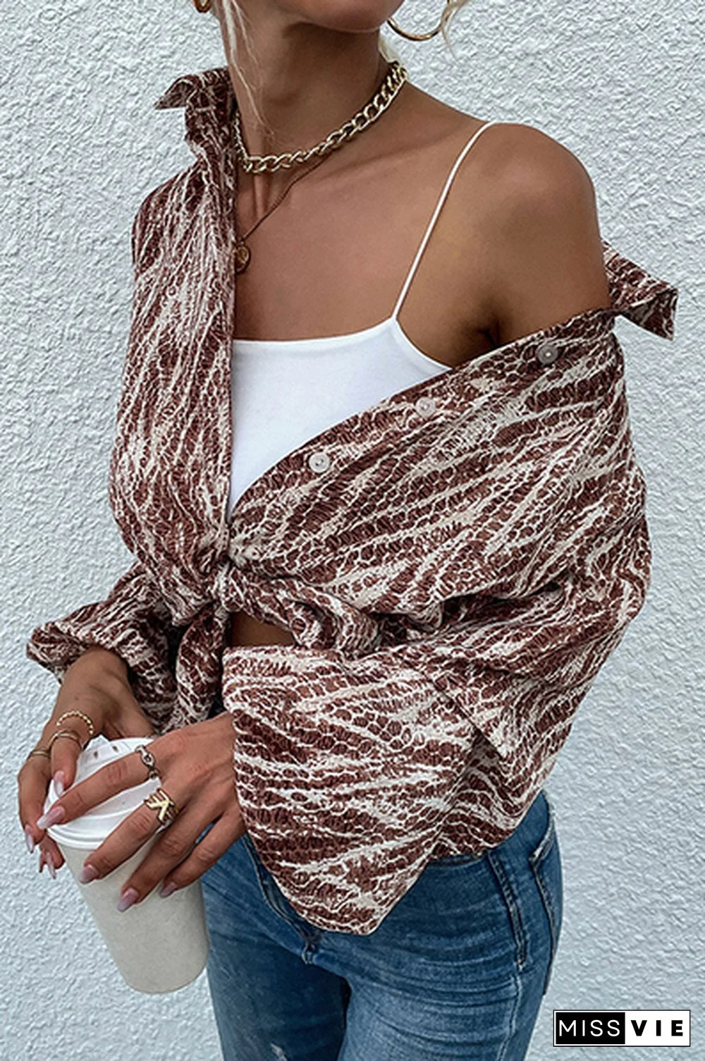 Casual Street Print Buckle Turndown Collar Tops