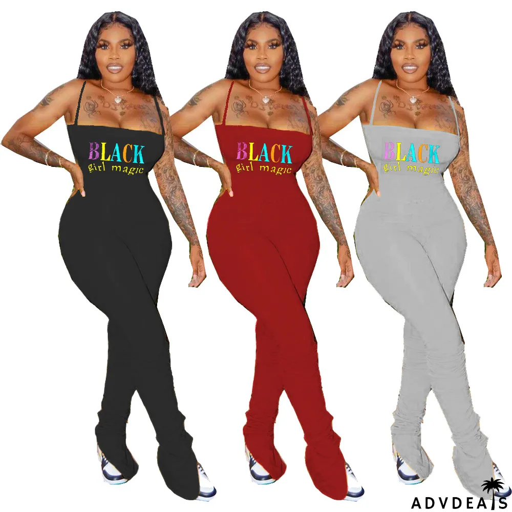 Plus Size Letter Print Spaghetti Strap Stacked Jumpsuits