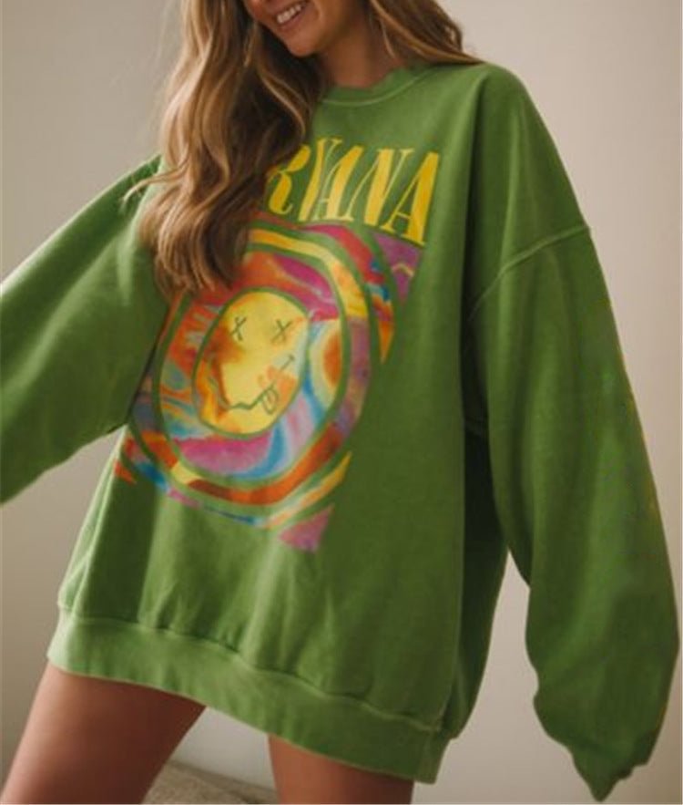 Lime Green Nirvana Smile Face Crewneck Overdyed Sweatshirt - vzzhome
