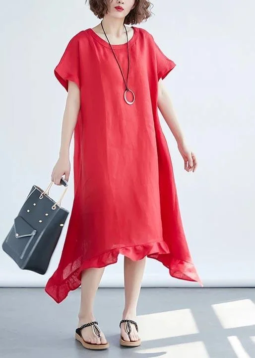 Art Linen Dresses Boutique Round Neck Ruffles Red Dress