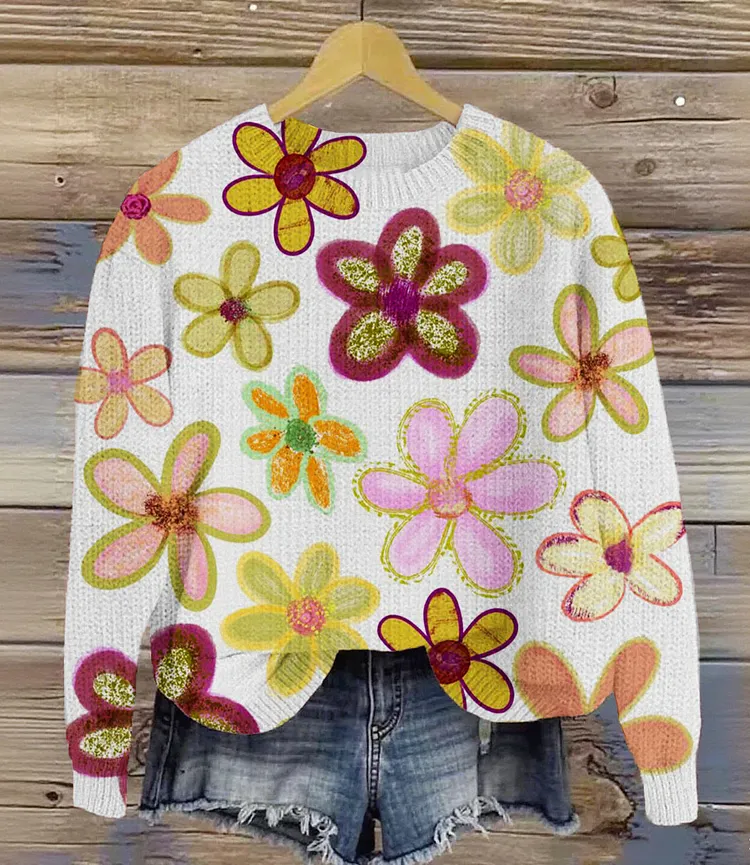 Vintage Lovely Flower Art Print Knit Pullover Sweater