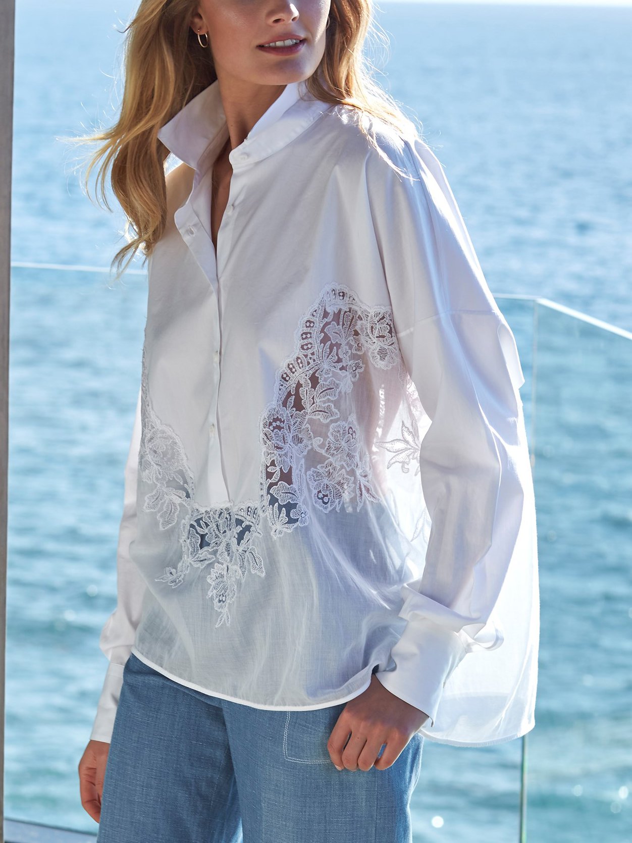 Sexy Casual Loose Lace Embroidery Translucent Shirt