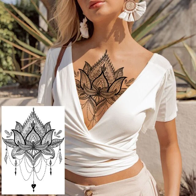 REJASKI Black Henna Lace Temporary Tattoos Sticker For WOmen Butterfly Moth Mehndi Flower Fake Tatoo Sticker Feather Flora Tatoo