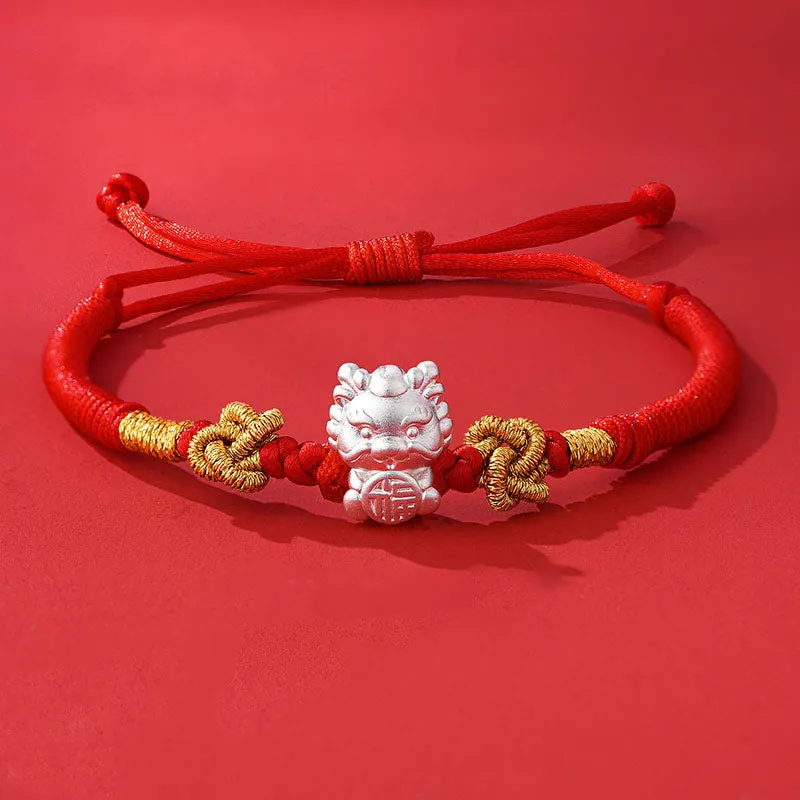 999 Sterling Silver Year of the Dragon Fu Character Attract Fortune Luck Handcrafted Braided Bracelet