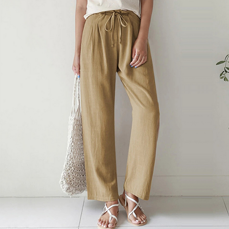 Pure Color Cotton And Linen Pocket Casual Pants