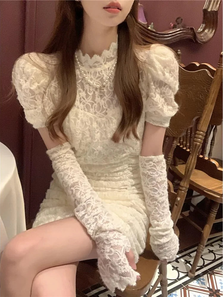 2022 Autumn Lace Elegant Y2k Mini Dress Women Casual Party Sexy Bodycon Dress Female Puffer Sleeve One Piece Dress Korea Fashion LANFUBEISI