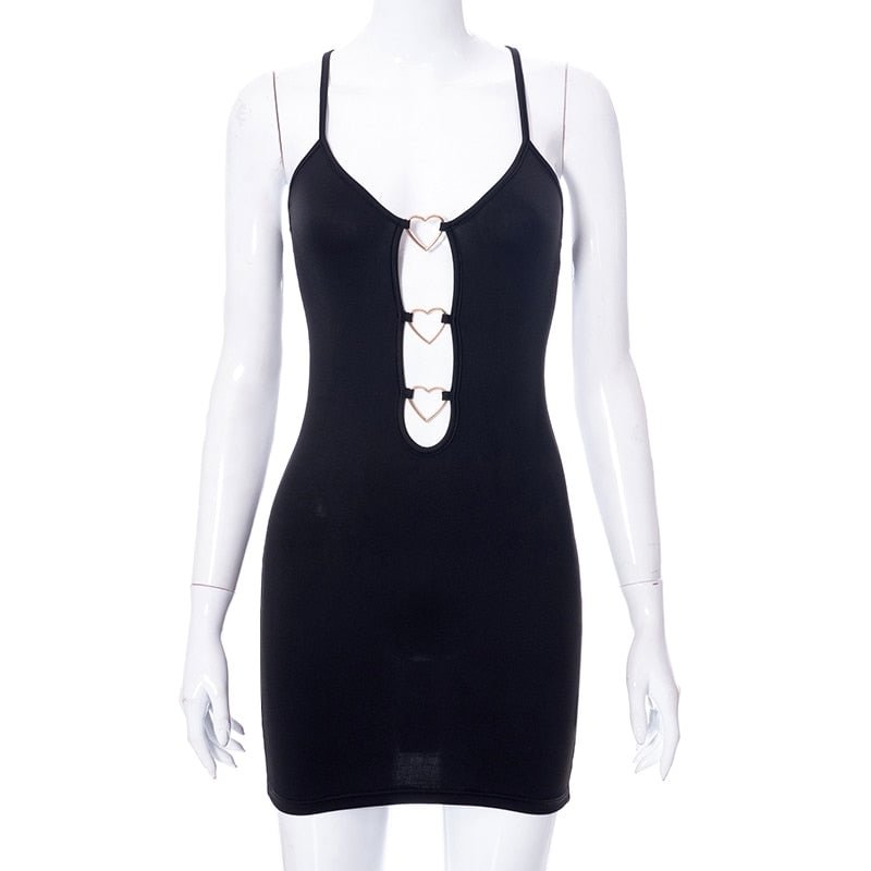 Sexy Hollow Out Mini Dress Summer Women Solid Color Chains Bodycon Sheath Black Dresses Sleeveless Party Club Wear