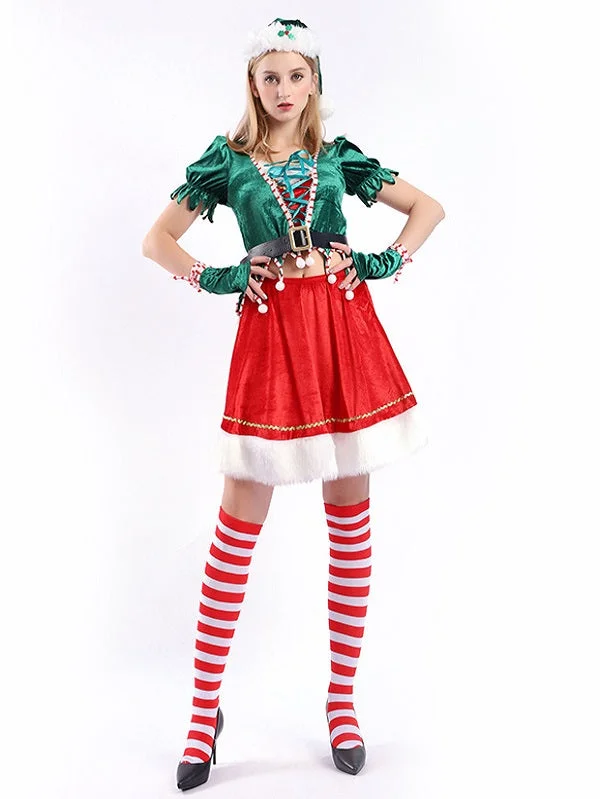 Womens Lace Up Short Sleeve Elf Christmas Dress Santa Help Costume Red-elleschic