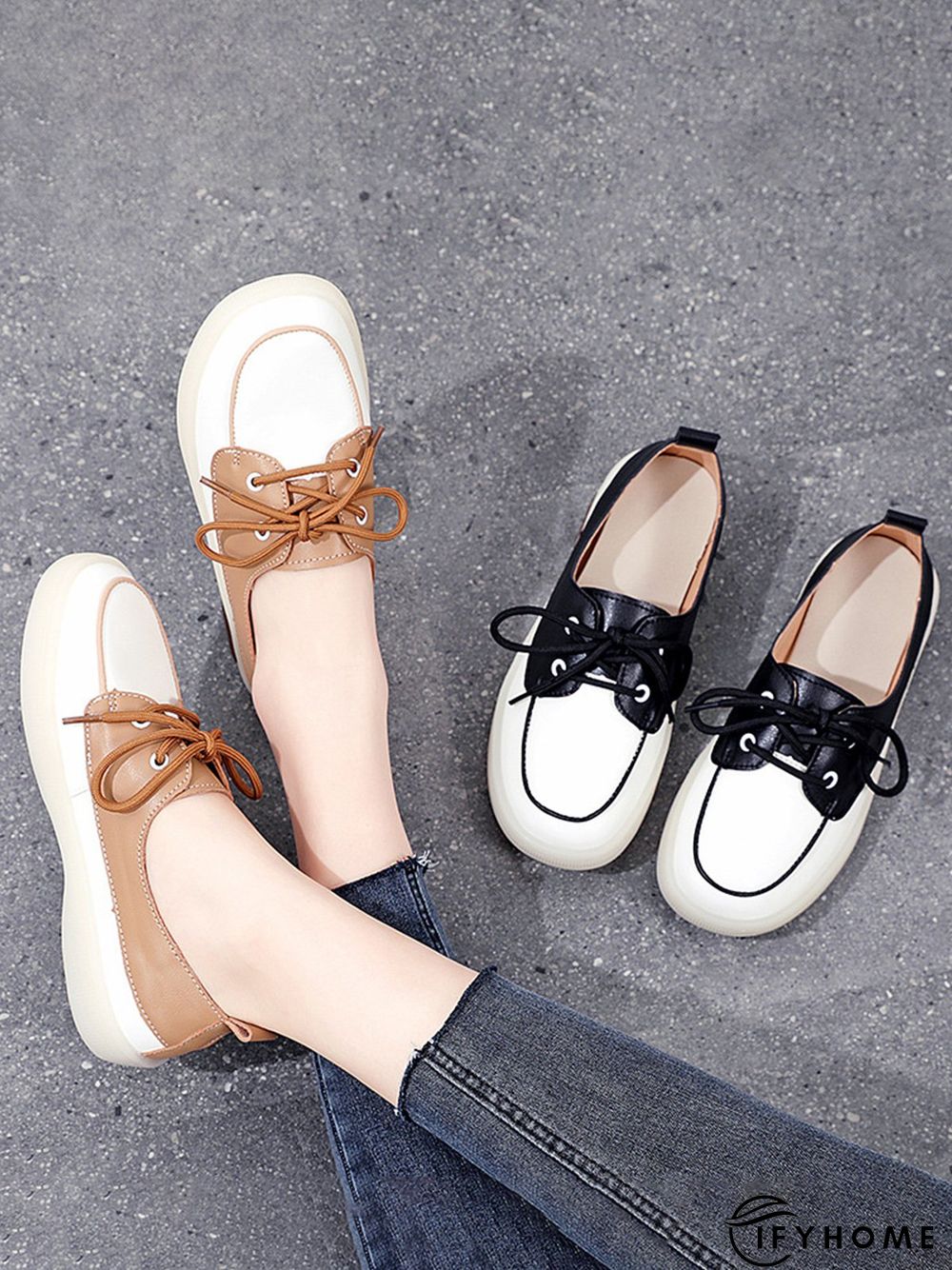 Casual Split Joint Color Block Leather Lace Up Flat Shoes | IFYHOME