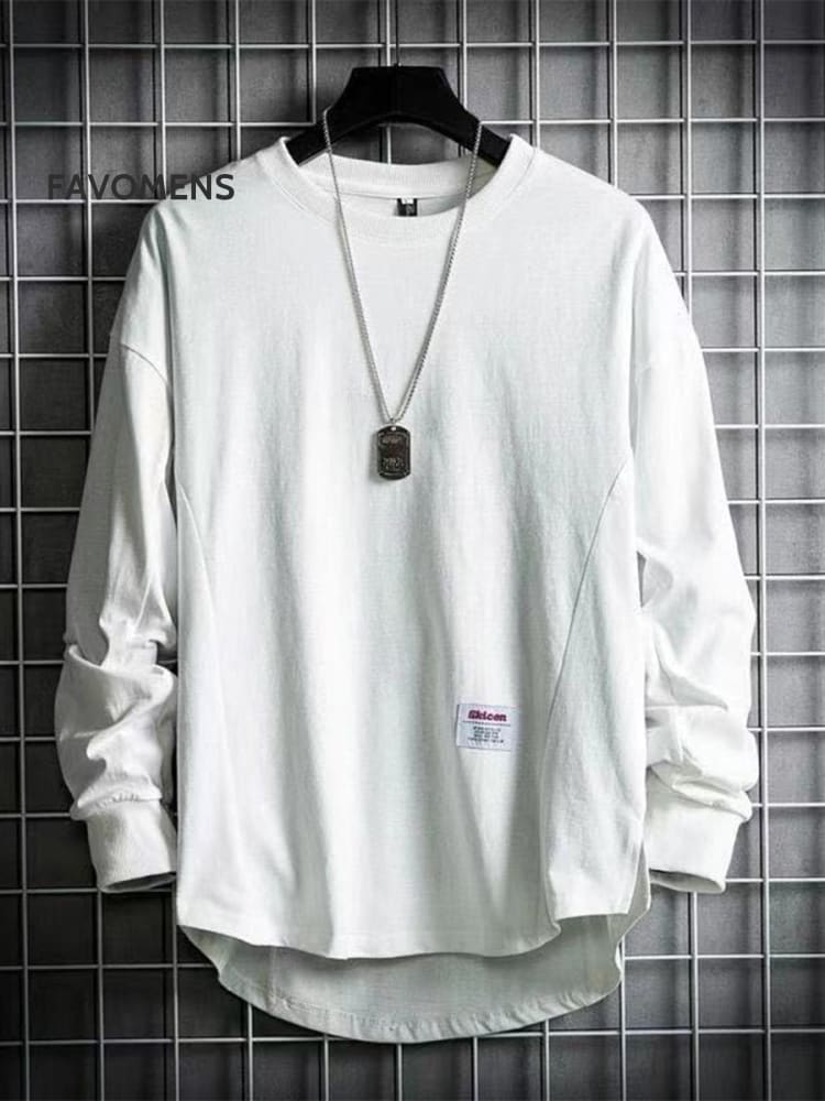 Men’s Long Sleeve Round Neck Solid Color T-Shirt White / M