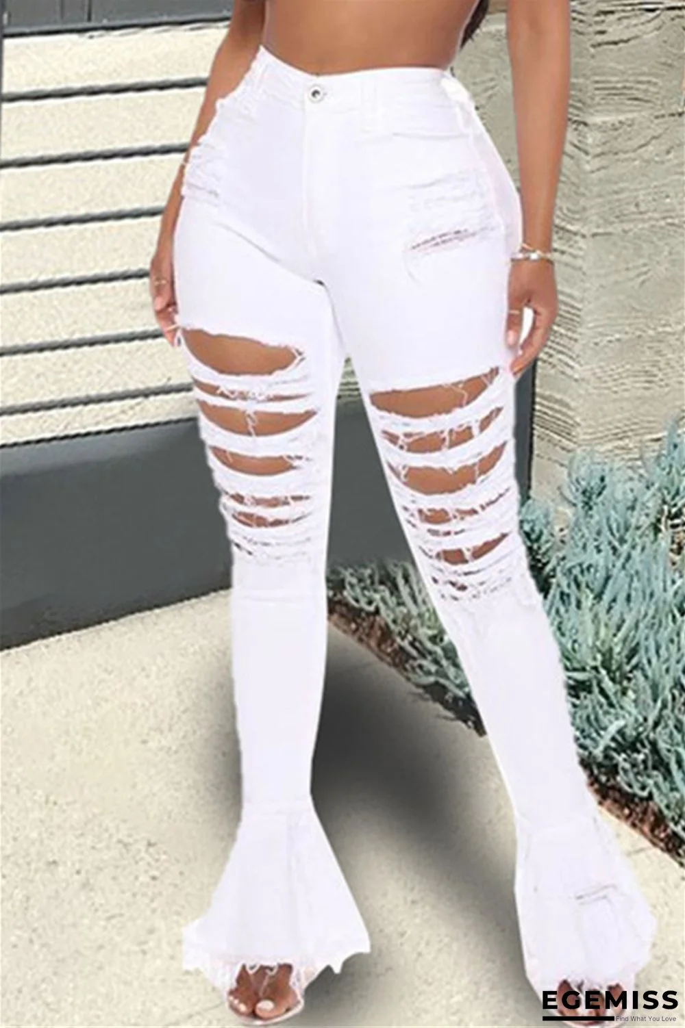 White Fashion Casual Adult Solid Ripped High Waist Boot Cut Denim | EGEMISS