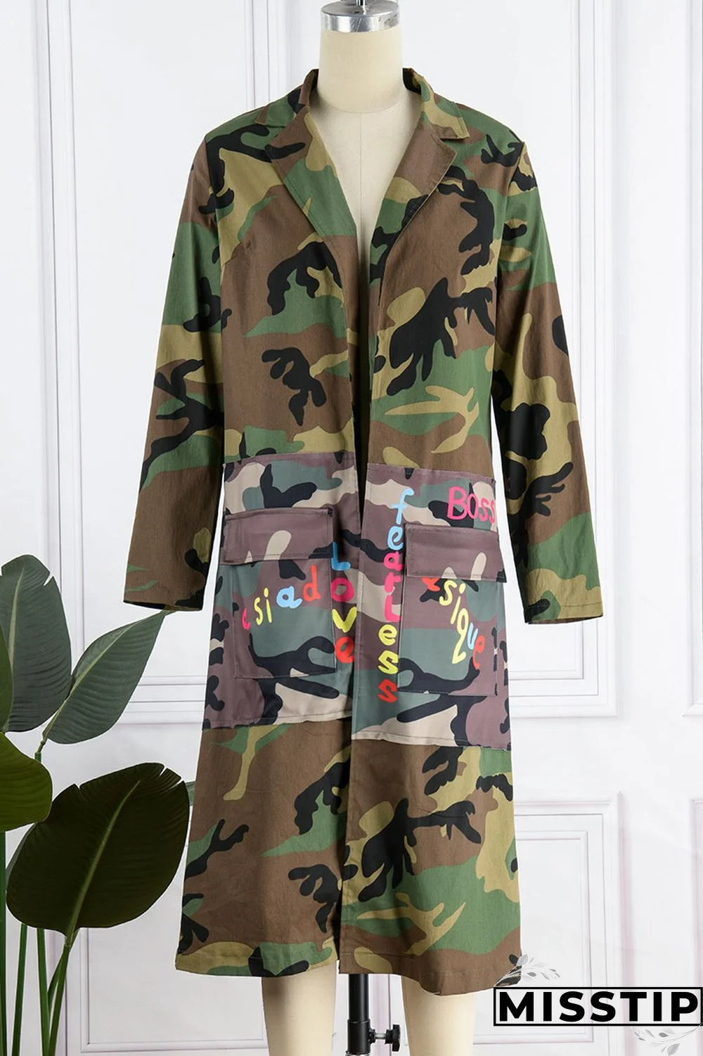 Camouflage Casual Street Print Camouflage Print Patchwork Turn-back Collar Outerwear