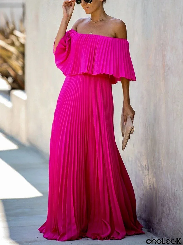 Ruffled Peated Chiffon Maxi Dress