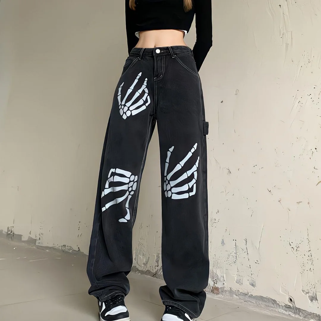 Brownm Skeleton Hand Printed Jeans