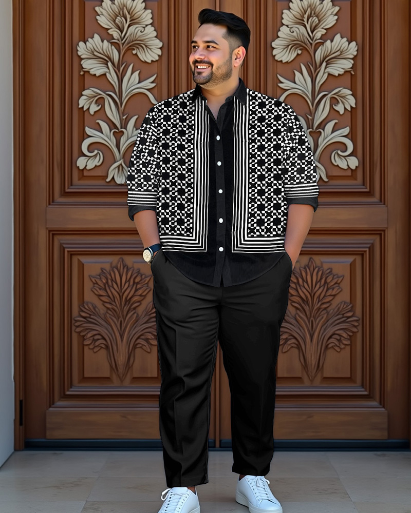 Men's Plus Size Luxury Classic Geometric Baroque Print Long Sleeve Shirt Trousers Suit