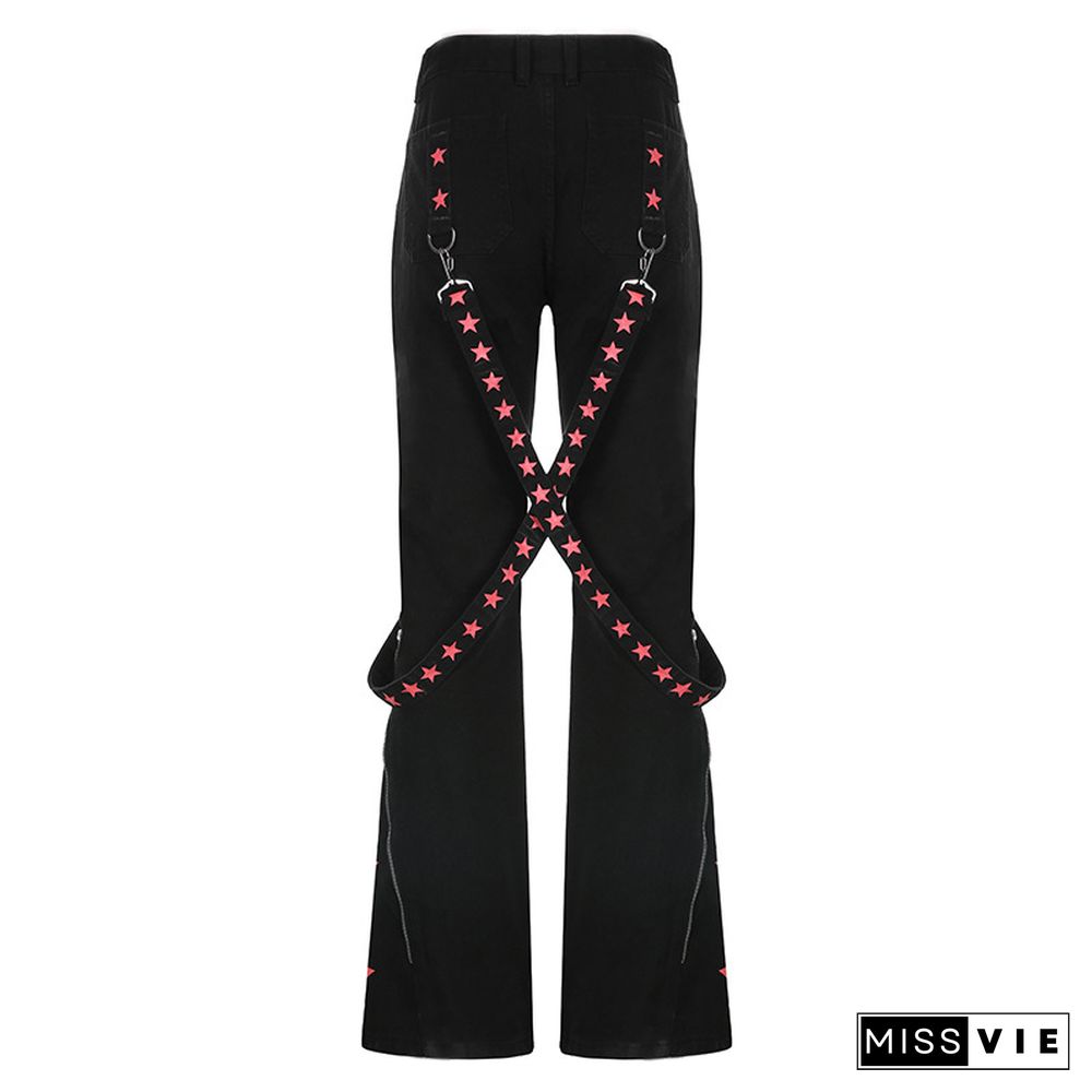 Star Print Ribbon Pocket Casual Denim Pants