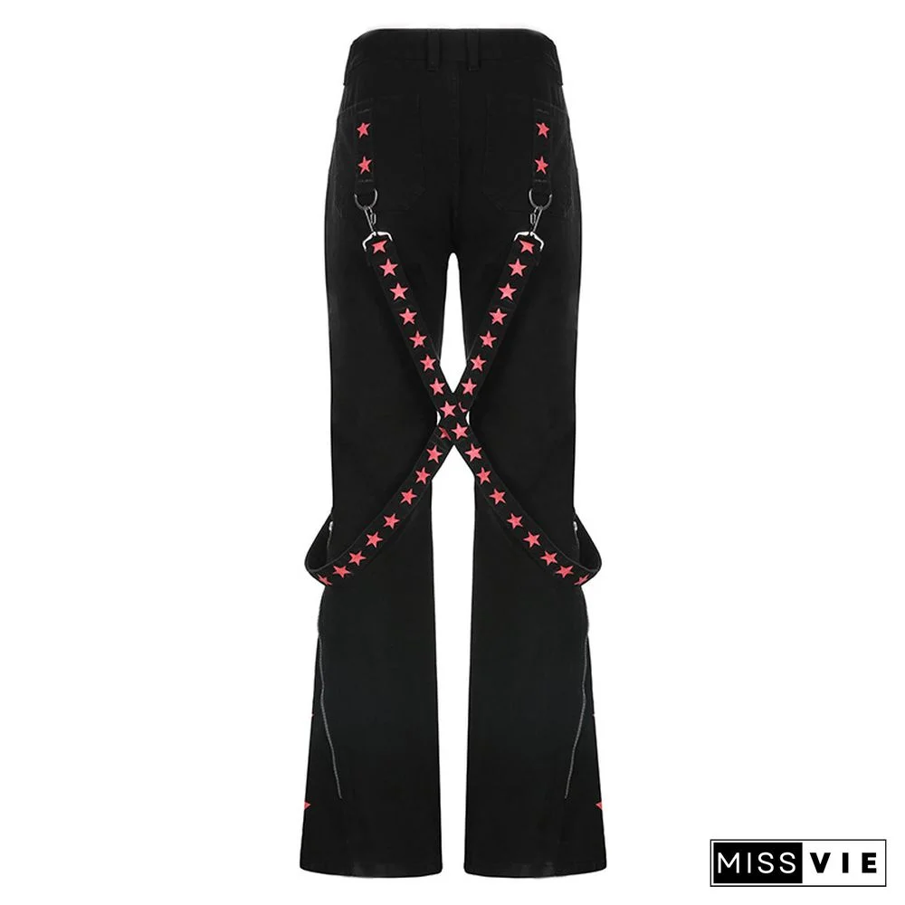 Star Print Ribbon Pocket Casual Denim Pants