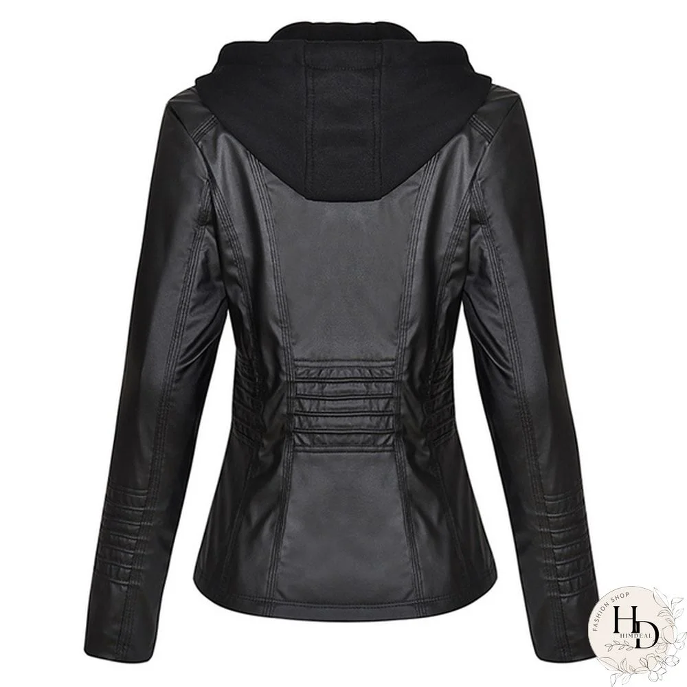 5 Color Women Fashion Long Sleeve Zipper Leather Jackets Removable Hooded Coat Ladies Plus Size Cool Motorcycle Coat Outwear