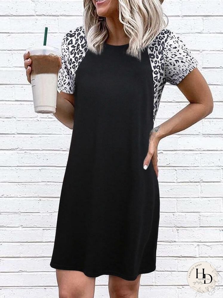 Casual Leopard Print Patchwork T-shirt Dress for Women