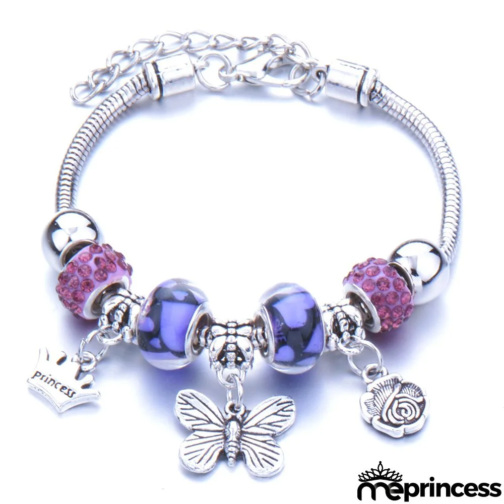 Women Fashion Rhinestone Butterfly Crown Pendant Beaded Bracelet