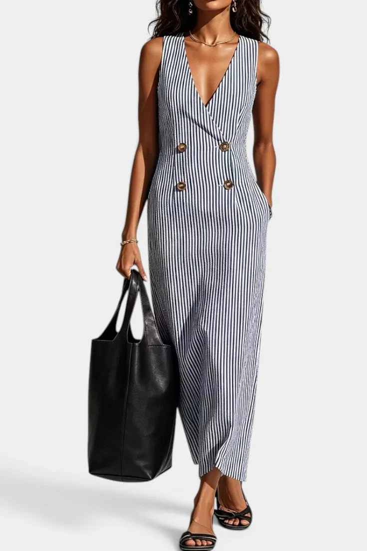 Double-Breasted Striped Jumpsuit with V-Neck