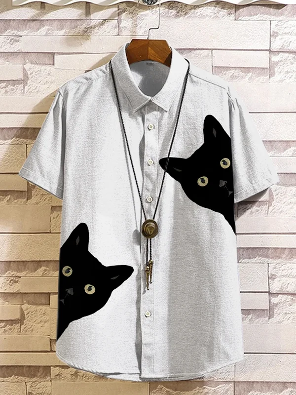Men's Hiding Cats Print Casual Linen Blend Shirt
