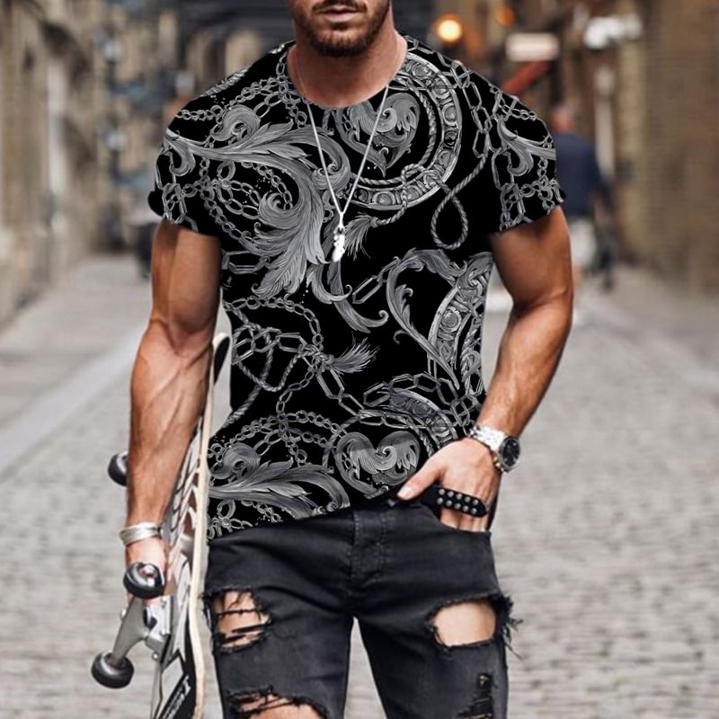 Feather & Chains Pattern Summer Casual Streetwear Tops Men's T-Shirts-VESSFUL