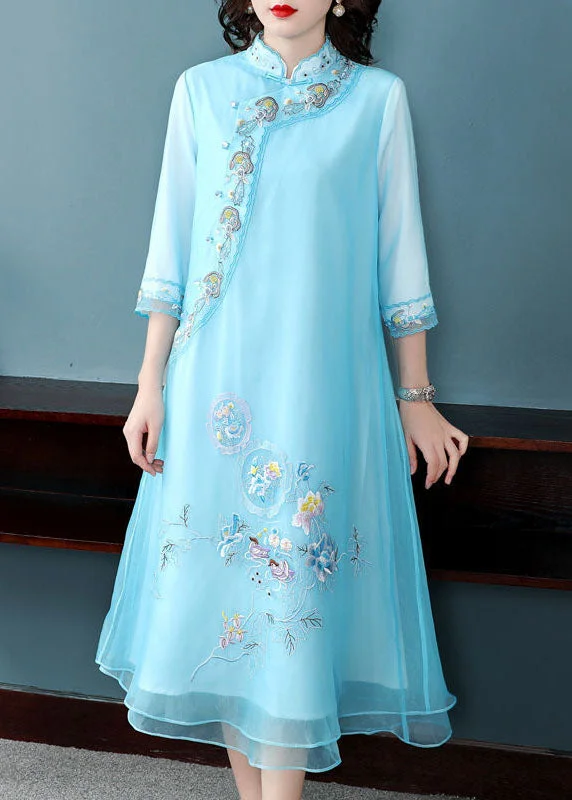 Elegant Blue Mandarin Collar Embroideried Chiffon A Line Dresses Bracelet Sleeve
