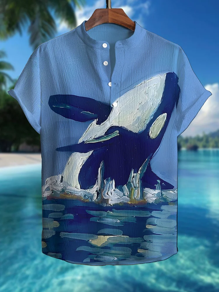 Men's Vacation Ocean Killer Whale Oil Painting Print Half Button Short Sleeve Shirt