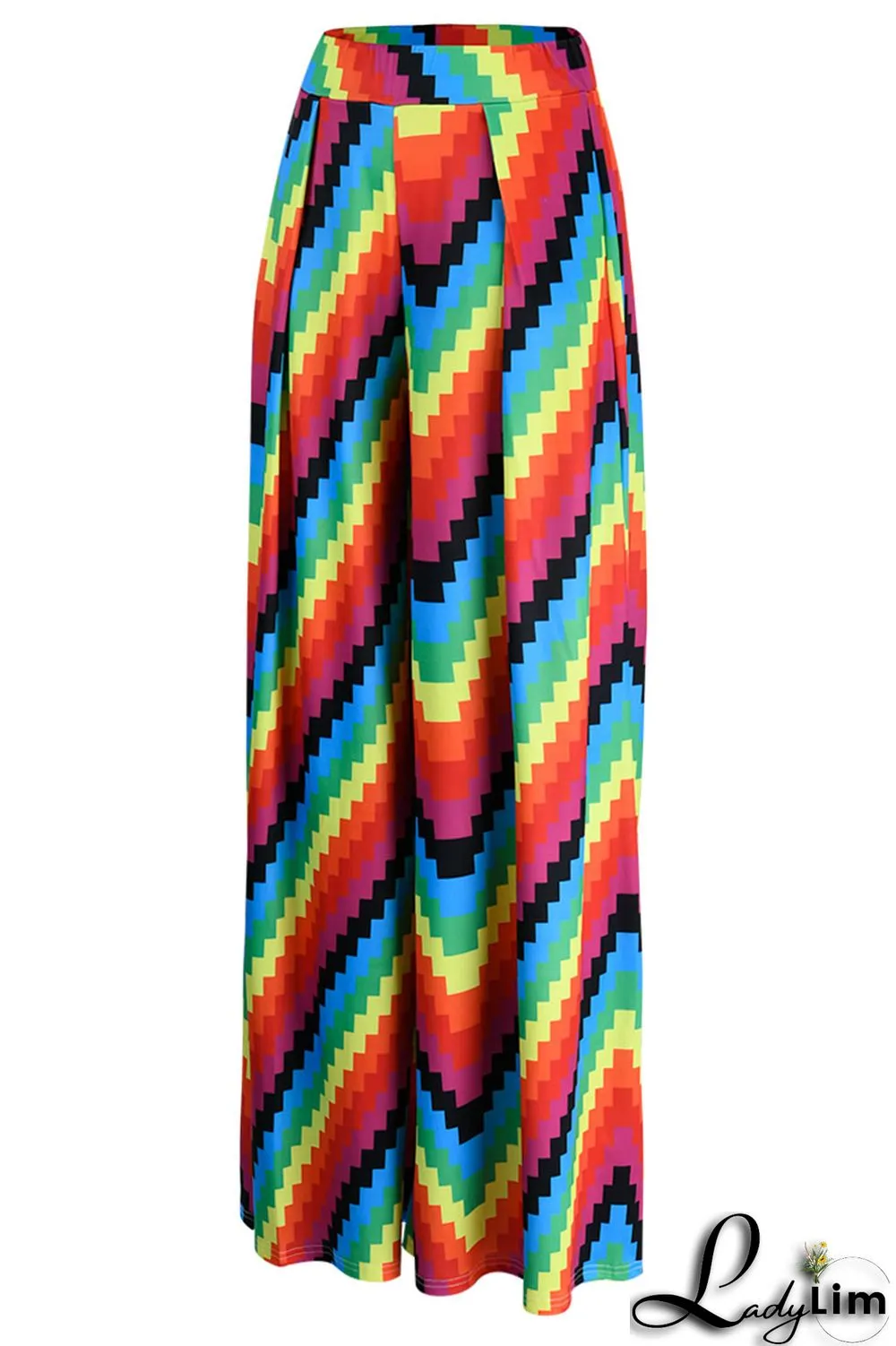 Colour Casual Print Split Joint High Waist Wide Leg Full Print Bottoms