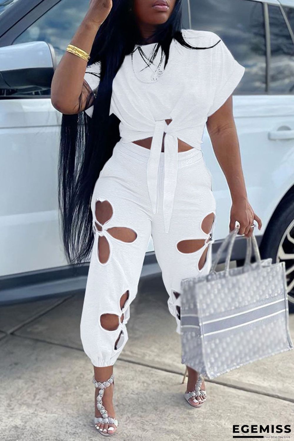 White Casual Solid Bandage Hollowed Out Patchwork O Neck Plus Size Two Pieces | EGEMISS