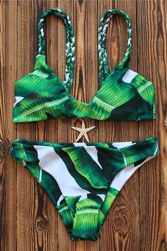 Green Tropical Leaf Print Braided Triangle Sexy Bikini Set-elleschic
