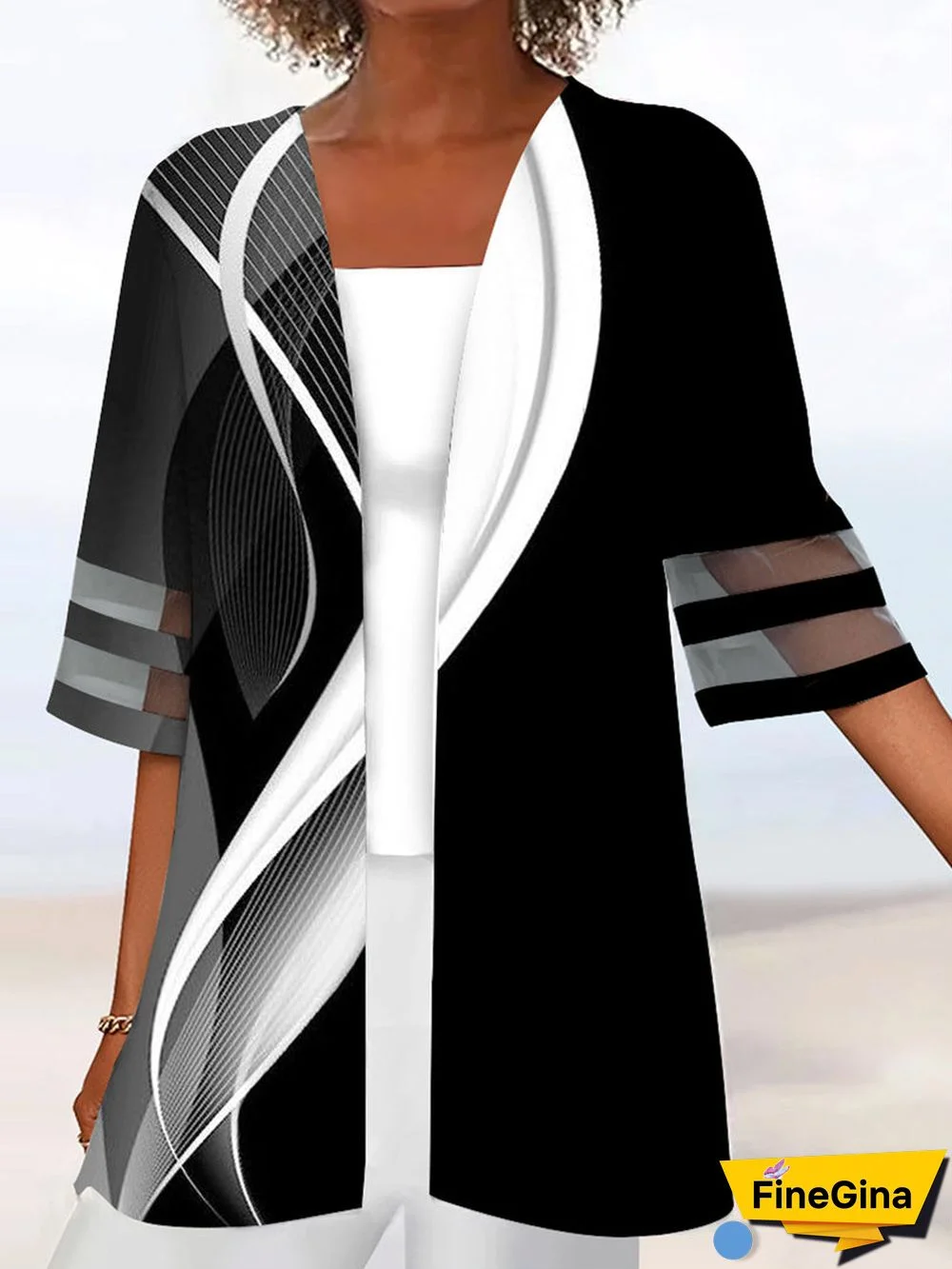 Women Half Sleeve Scoop Neck Striped Printed Colorblock Two-Pieced Tops
