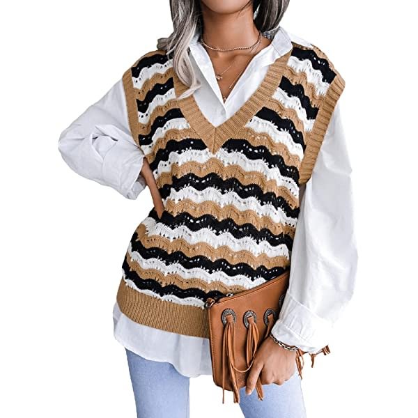 Women's V-Neck Knit Sweater Vest Solid Color Striped Style Sleeveless Crop Knit Vest
