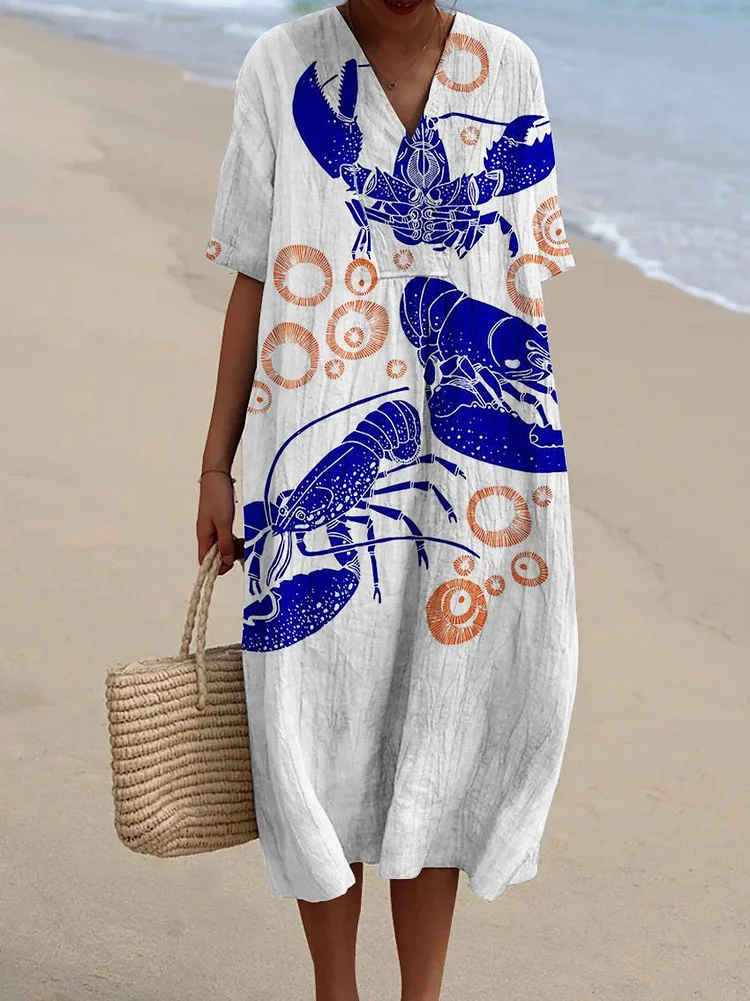 Blue Lobster Decorative Pattern Flowy Dress
