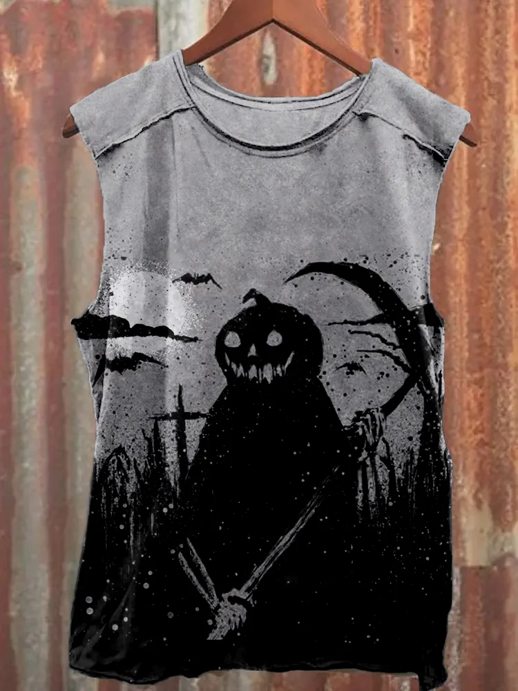 Comstylish Vintage Halloween Pumpkin Ghost Art Washed Tank Top