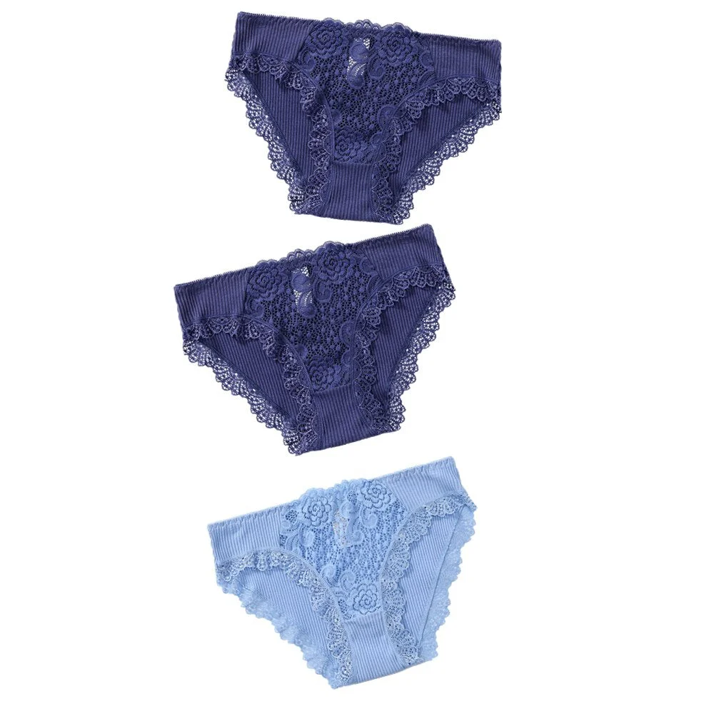 3PCS Cotton Panties Underwear Solid Women Sexy Lace Underpants Soft Briefs Set Female Intimates Plus Size Lingerie Panty XL XXL