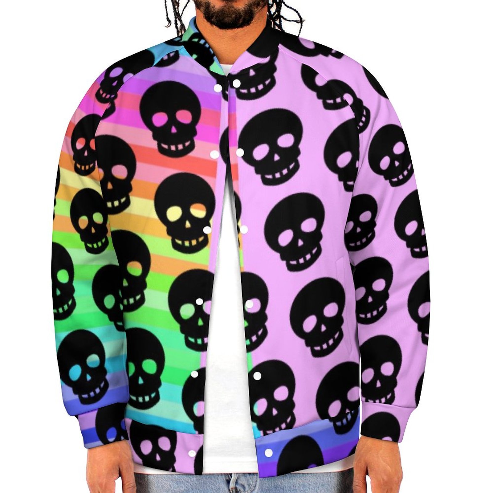 Glitchcore Rainbow Goth Black Skulls Pattern Sweatshirt Jacket Men Casual Lightweight Button Up Bomber Jacket Outwear