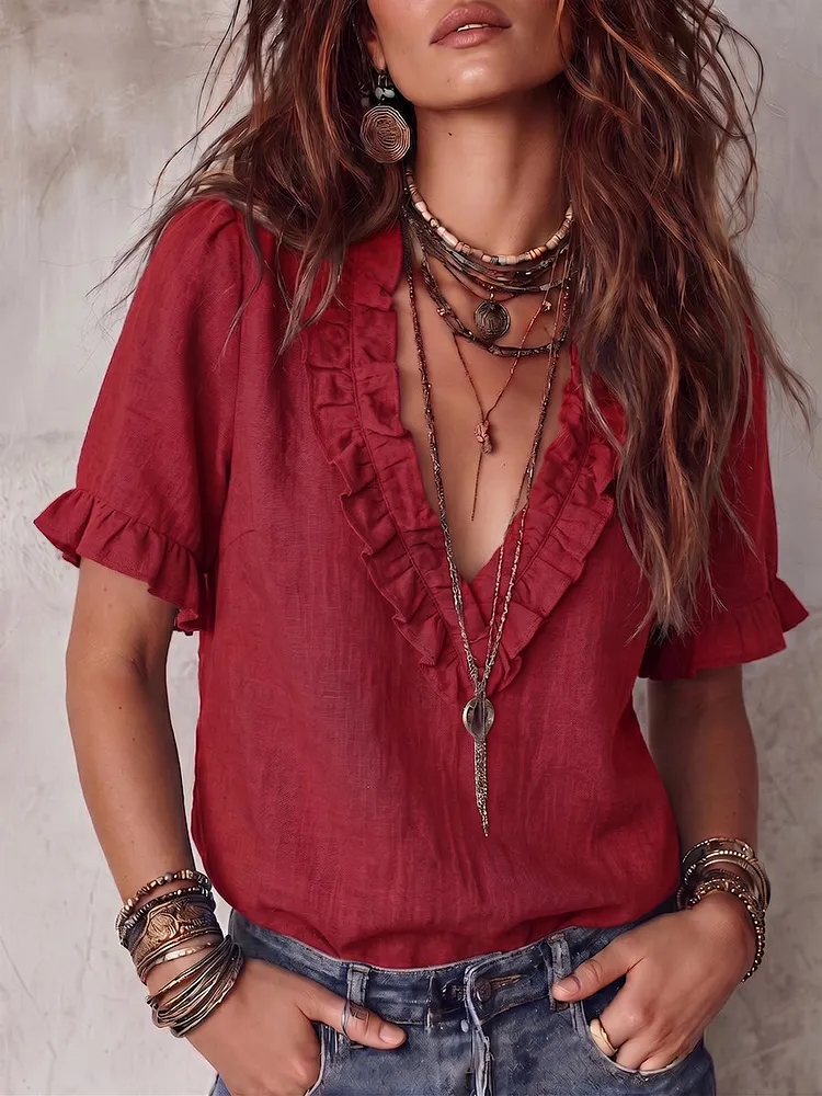 Boho Vintage V-neck Ruffled Cotton-linen Blouse