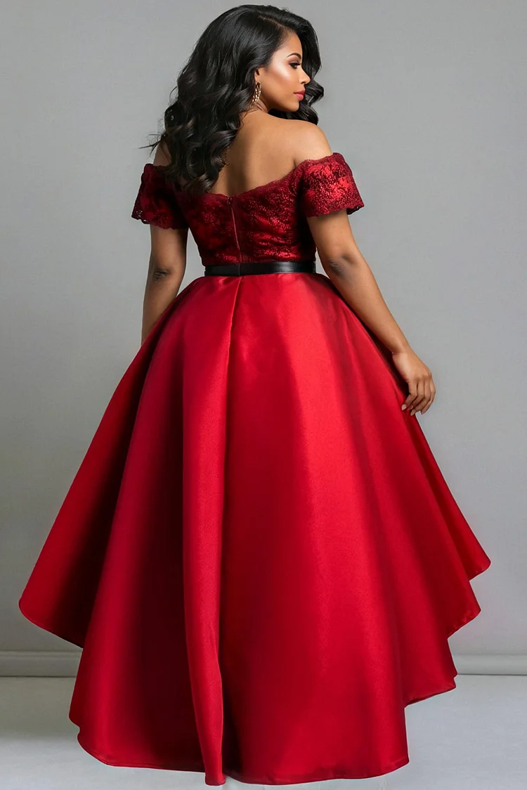 Xpluswear Design Plus Size Formal Lace Red Off The Shoulder Peplum Vintage High Low Hem Satin Midi Dresses [Pre-Order]