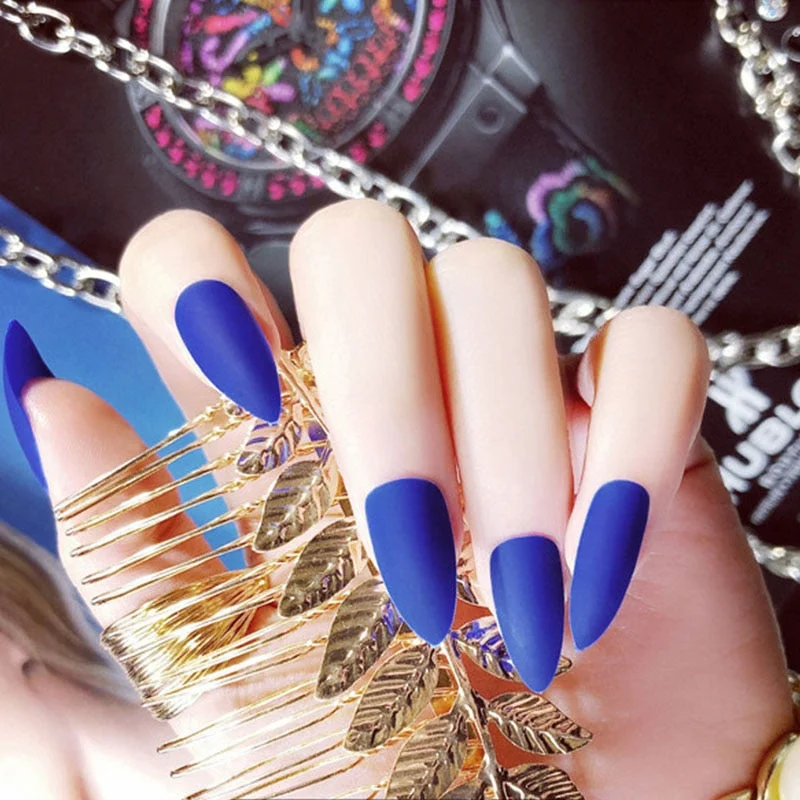 24Pcs Full Cover Pointed Head Scrub Temperament white matte false nails Wearable Stiletto Fake press on Nail with Glue for gils-Nail Inspo