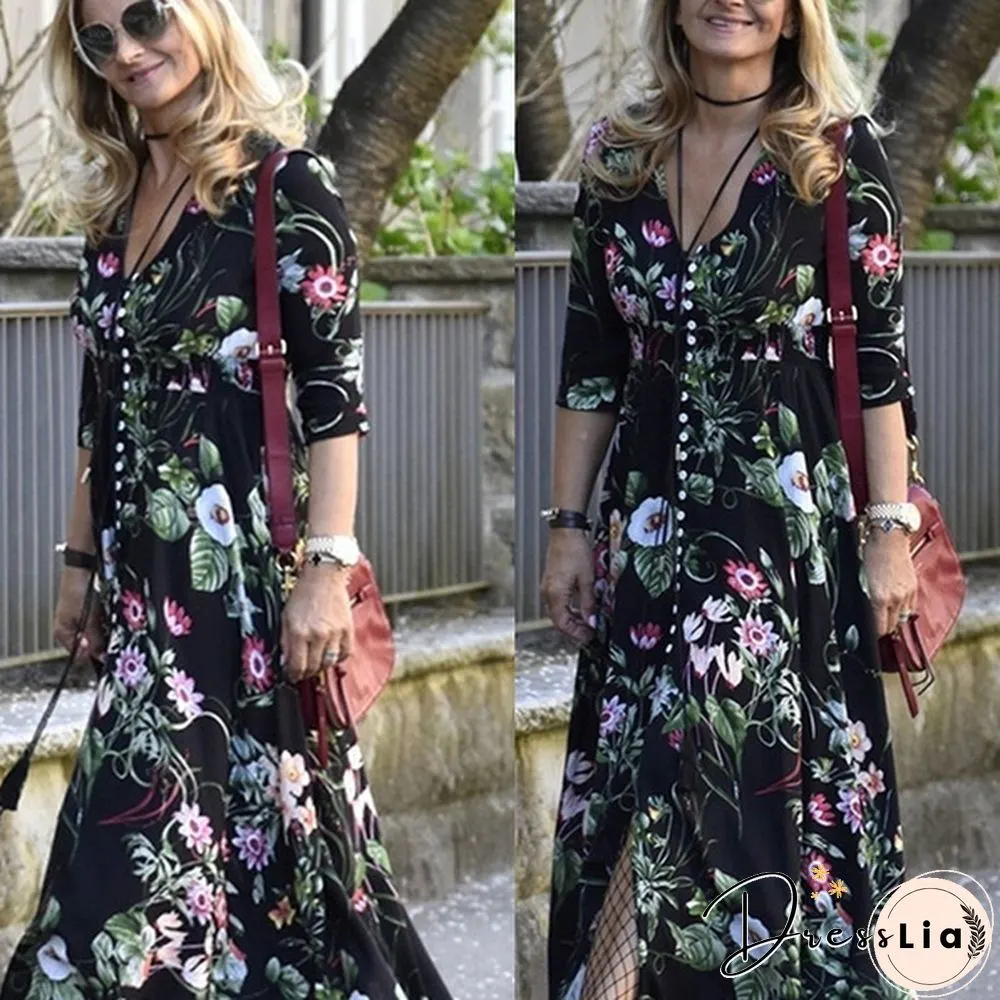 New Fashion Women's Dresses Dresses Women's Fashion Bohemian V-neck Print Large Swing Dress