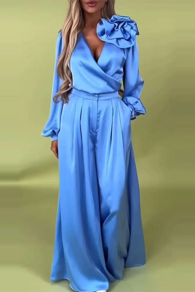 Plus Size Business Casual Blue Wrap Neck Lantern Sleeve Long Sleeve 3D Elegant Pocket Satin Two Piece Pant Sets 2024 - Xpluswear